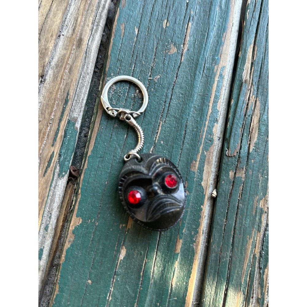 Vintage Tiki Mask Keychain Black Carved Red Rhinestone Eyes Silver Tone Chain